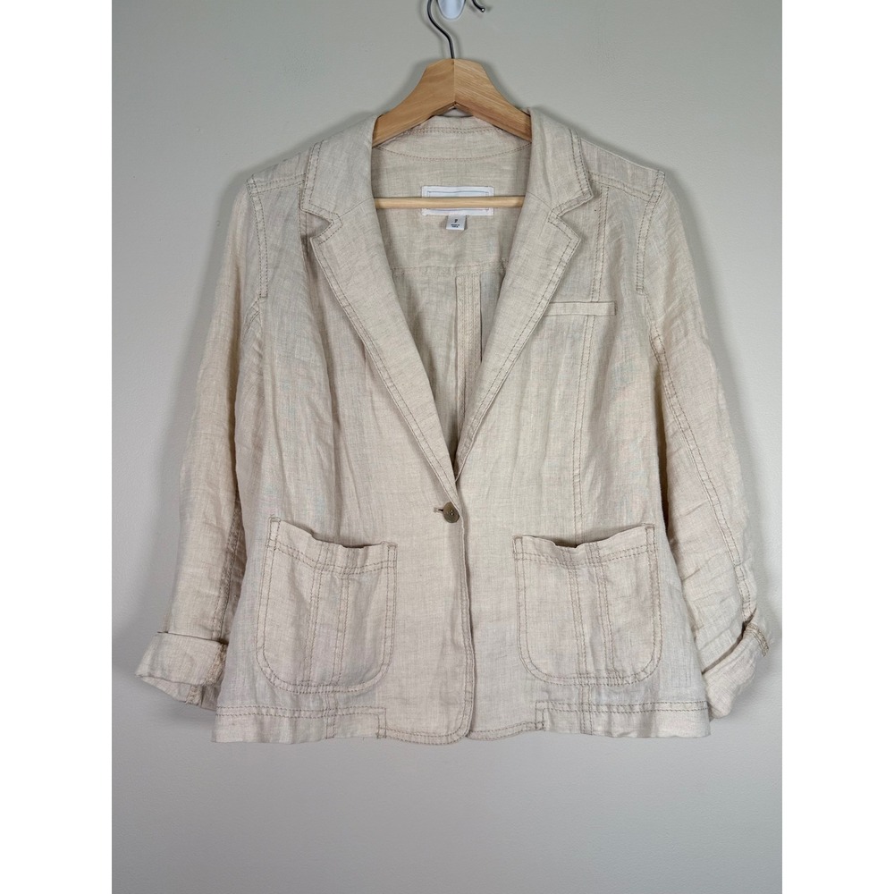 Caslon Womens Petite Medium Linen Blazer Oatmeal Beige Single Button CN290475MP - Picture 2 of 8